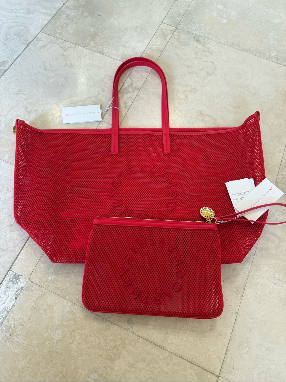 Stella McCartney Bright Red Mesh Tote with Pouch AND matching mesh clutch